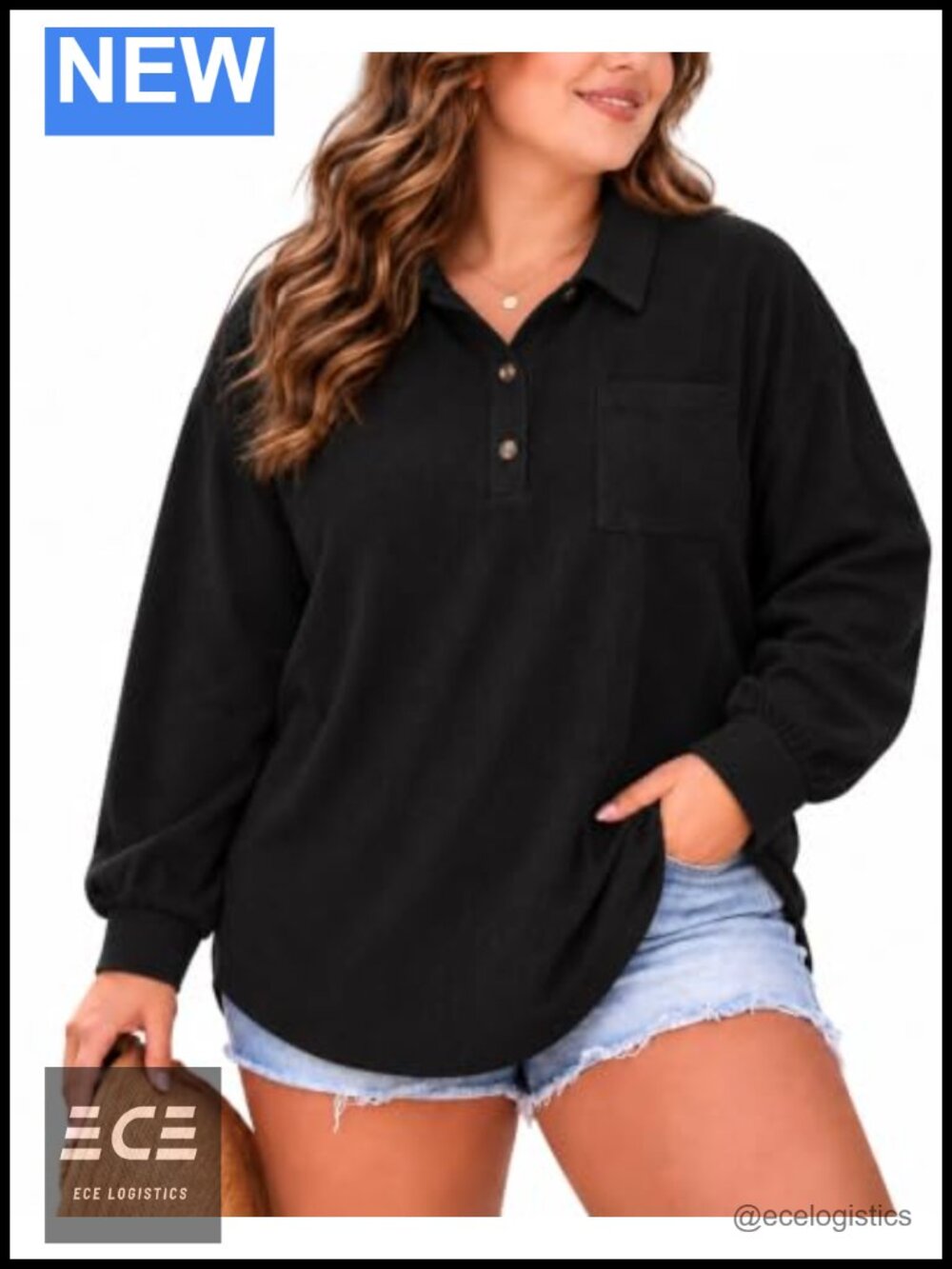 Plus Size Corduroy Henley Top Half Button Long Sleeve Loose Fit Fall Shirt
